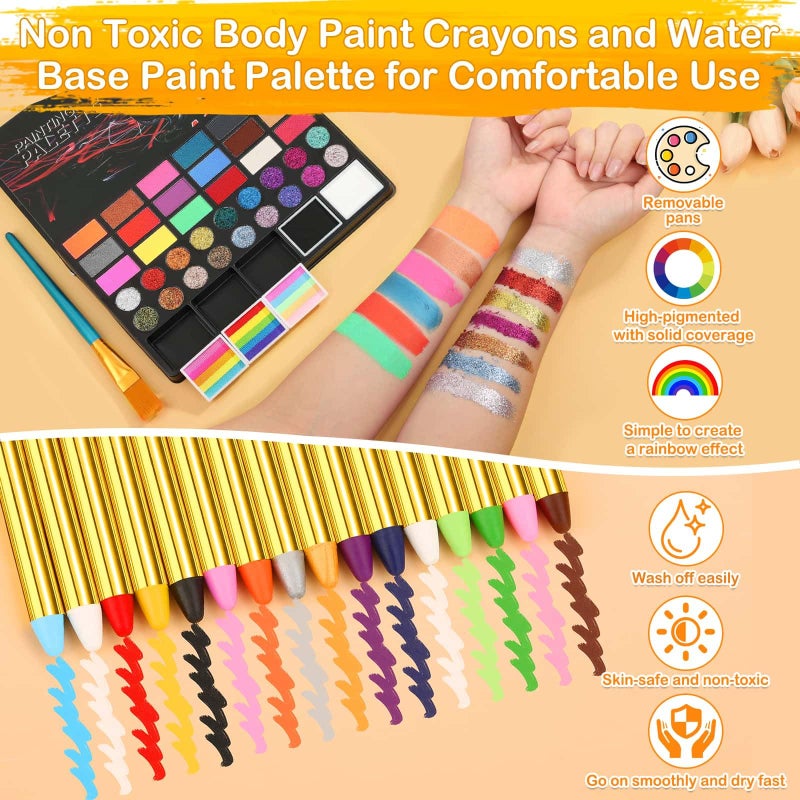 Thrilez مجموعة ألوان رسم الوجه بـ 41 لونًا للمبتدئين والكبار، لوحة ألوان غير سامة تُفعّل بالماء مع 28 قلم تلوين، استنسلات قابلة لإعادة الاستخدام، فرشاة، إسفنجة، أحجار كريمة - مثالية للهالوين، أعياد الميلاد، ومكياج الأزياء التنكرية - Image 3